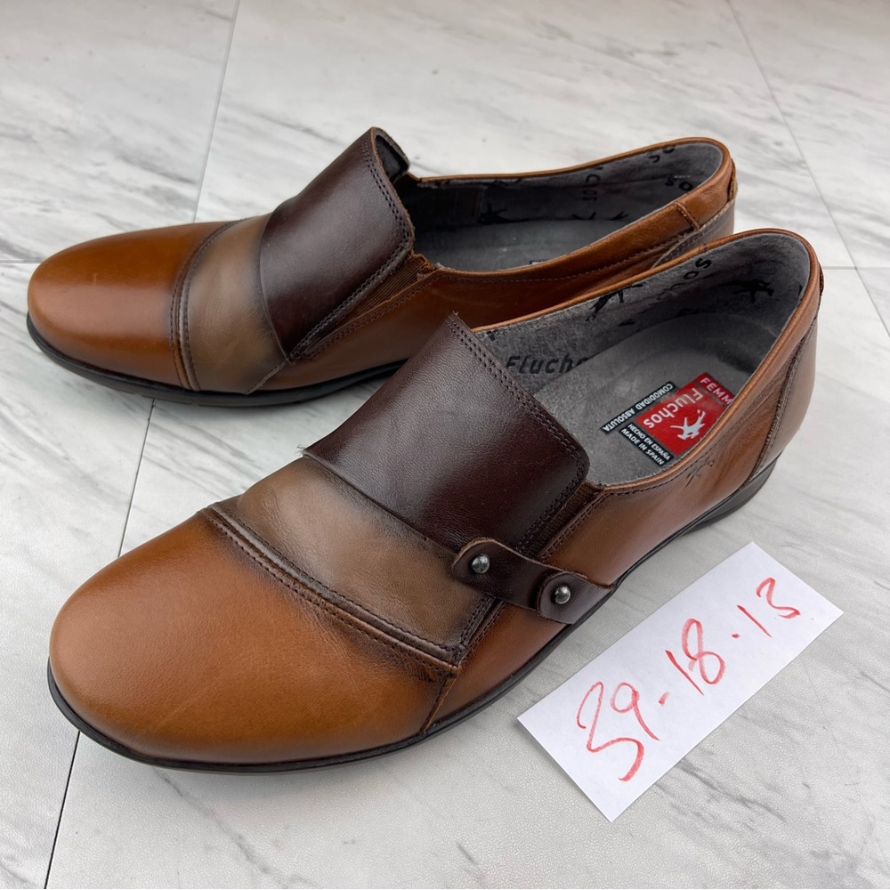 •Fluchos Womens 39/8.5-9 Brown Tan Leather Shoe Loafer Flats Made In Spain